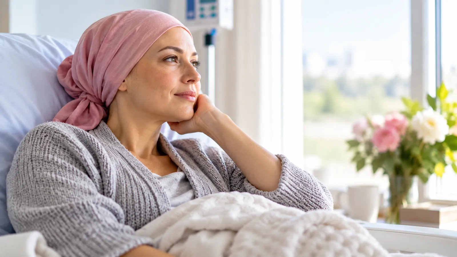 Woman in a head scarf resting during cancer treatment