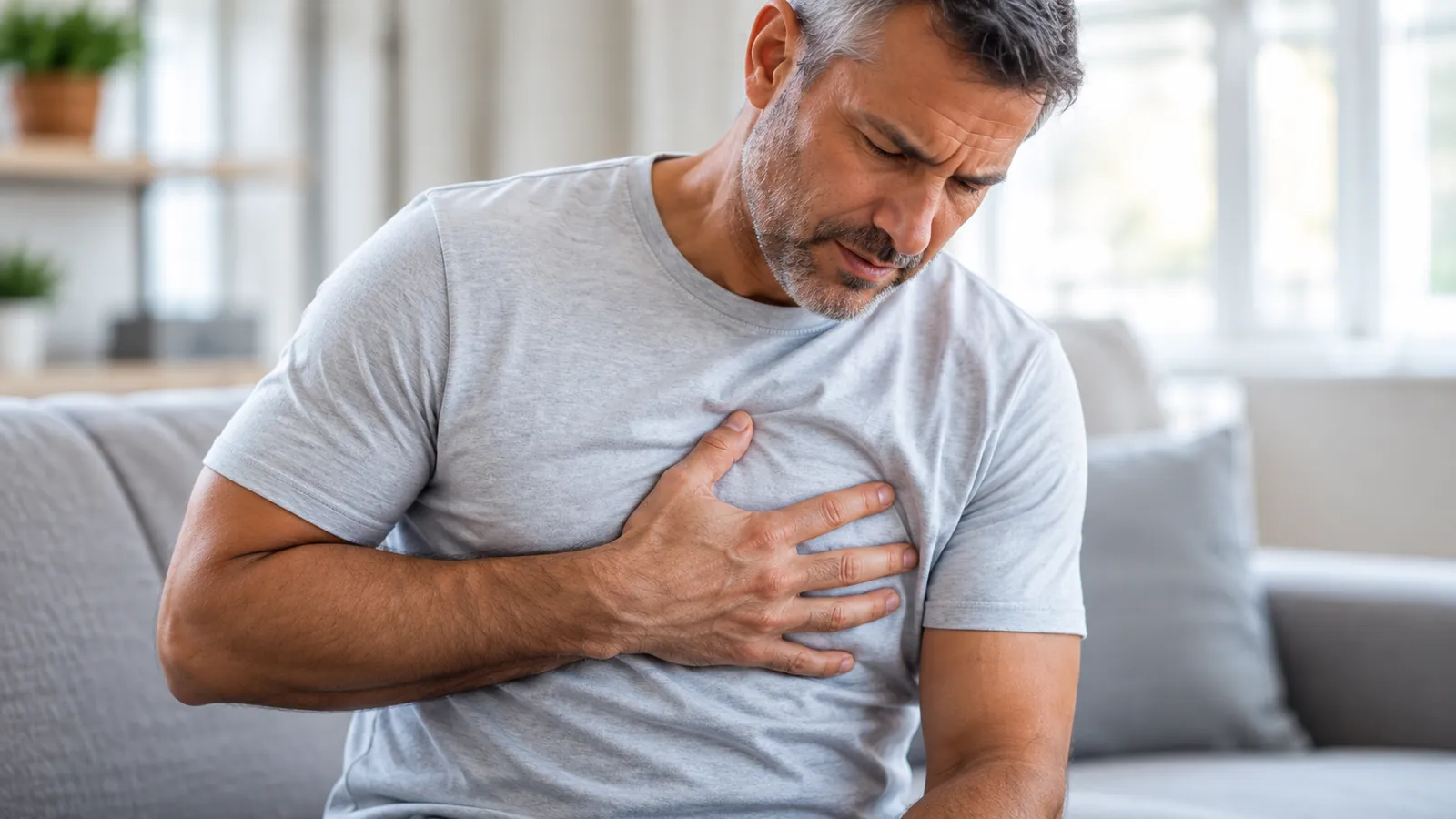 Man pressing a hand to his chest and ribs
