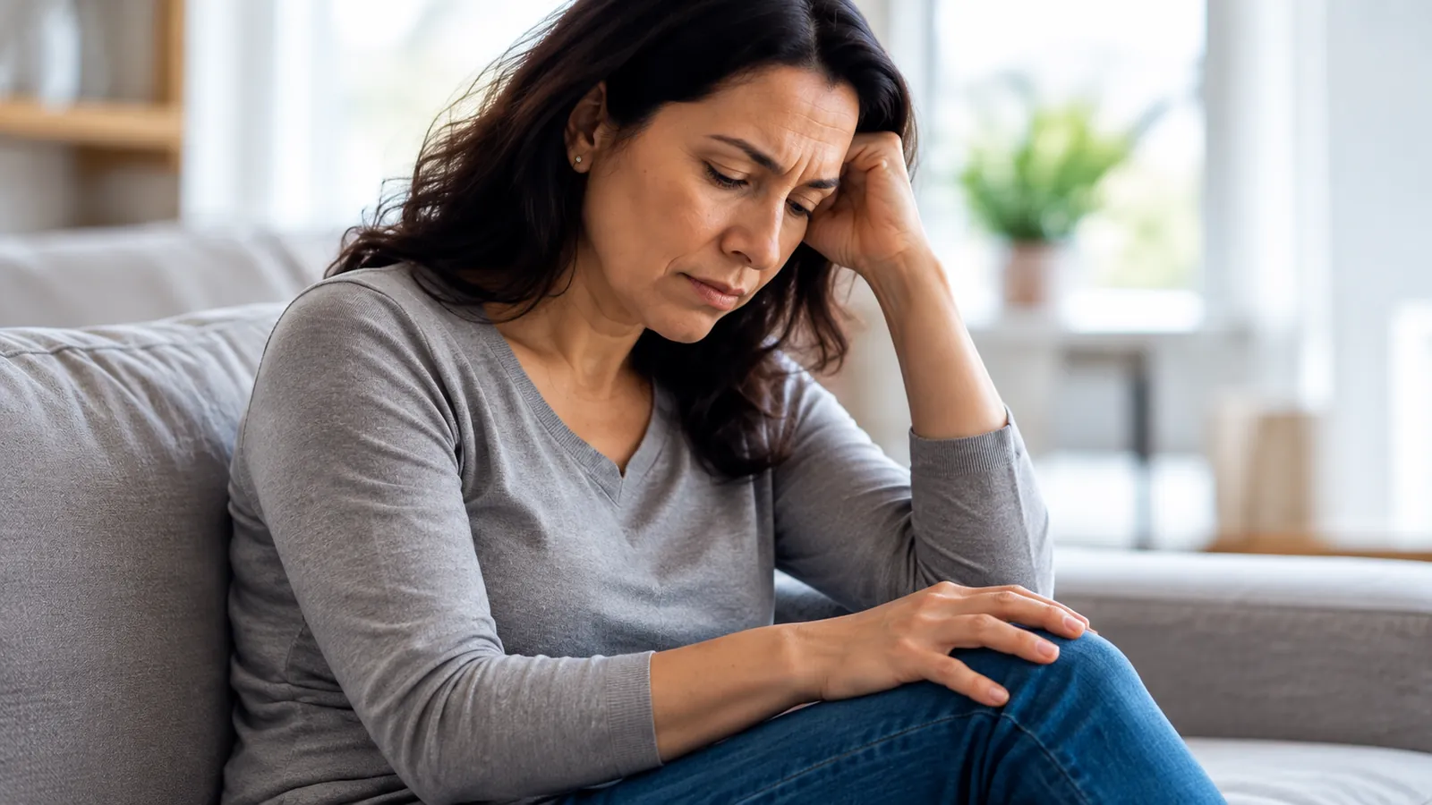 Tired woman resting her head on her hand on a sofa
