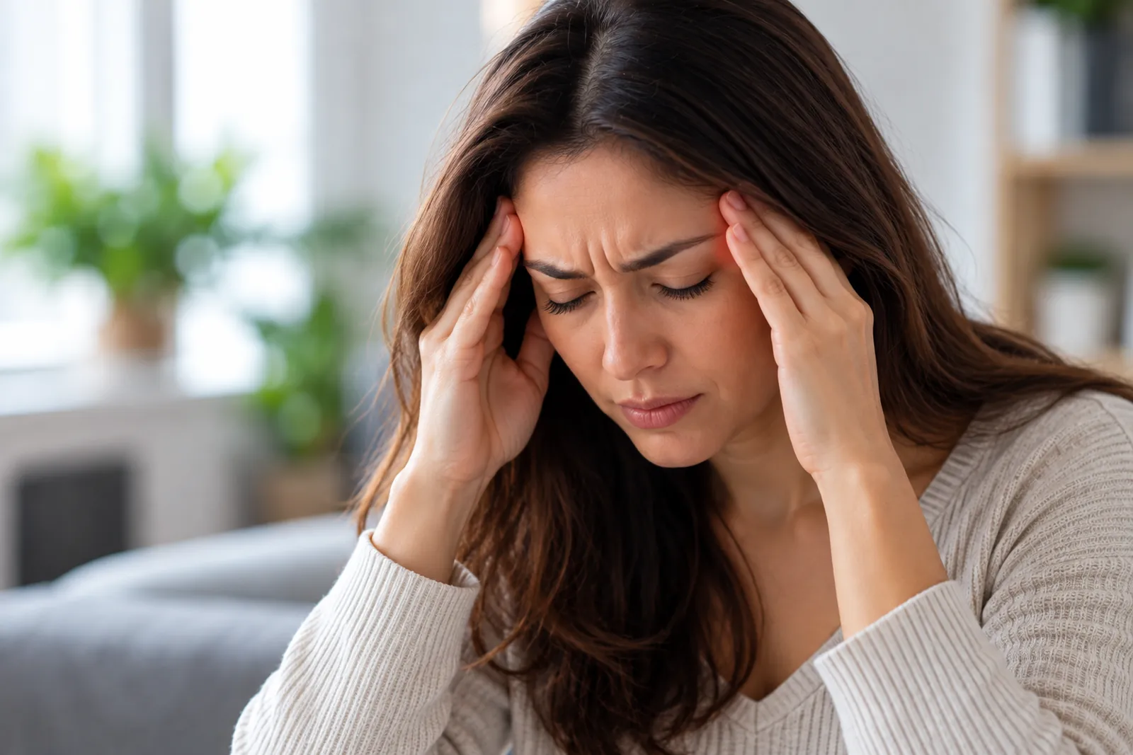 Woman pressing her temples during a headache