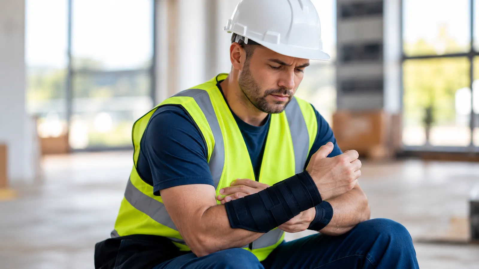 Worker in a hard hat and safety vest wearing a wrist brace