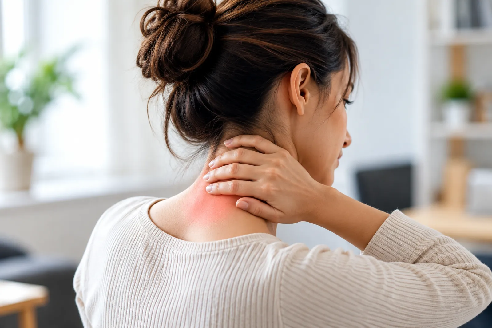 Woman holding the back of her neck