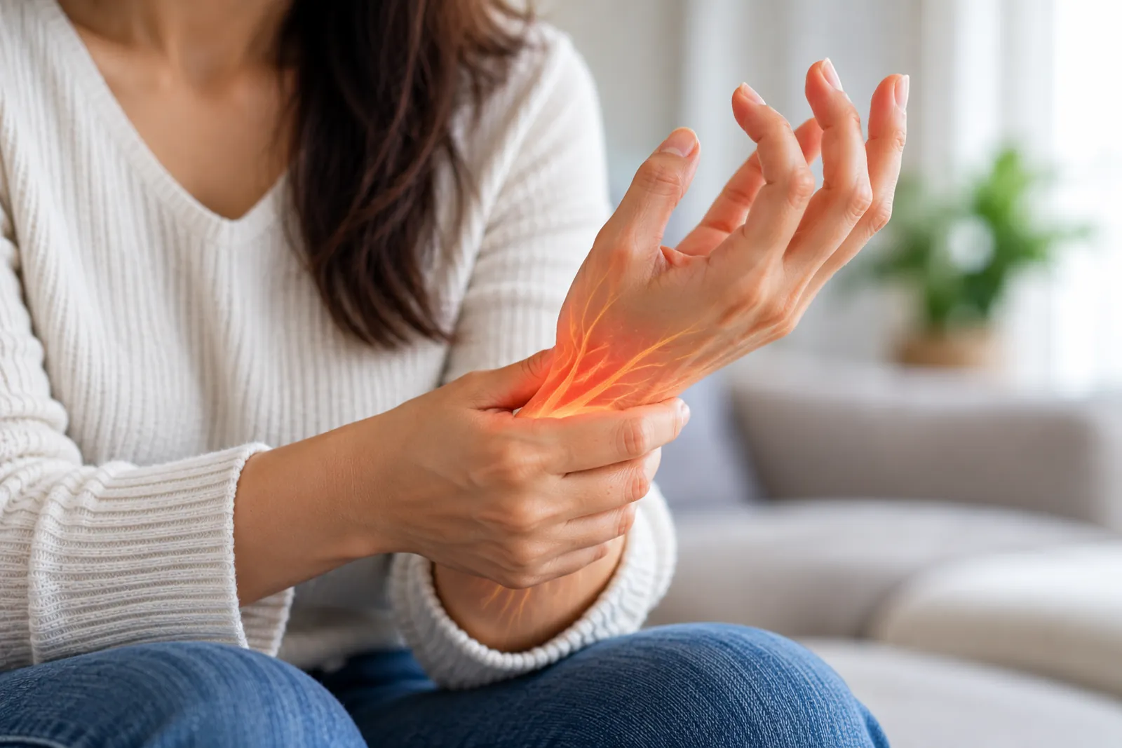 Woman holding her wrist, the nerve pain in her hand highlighted