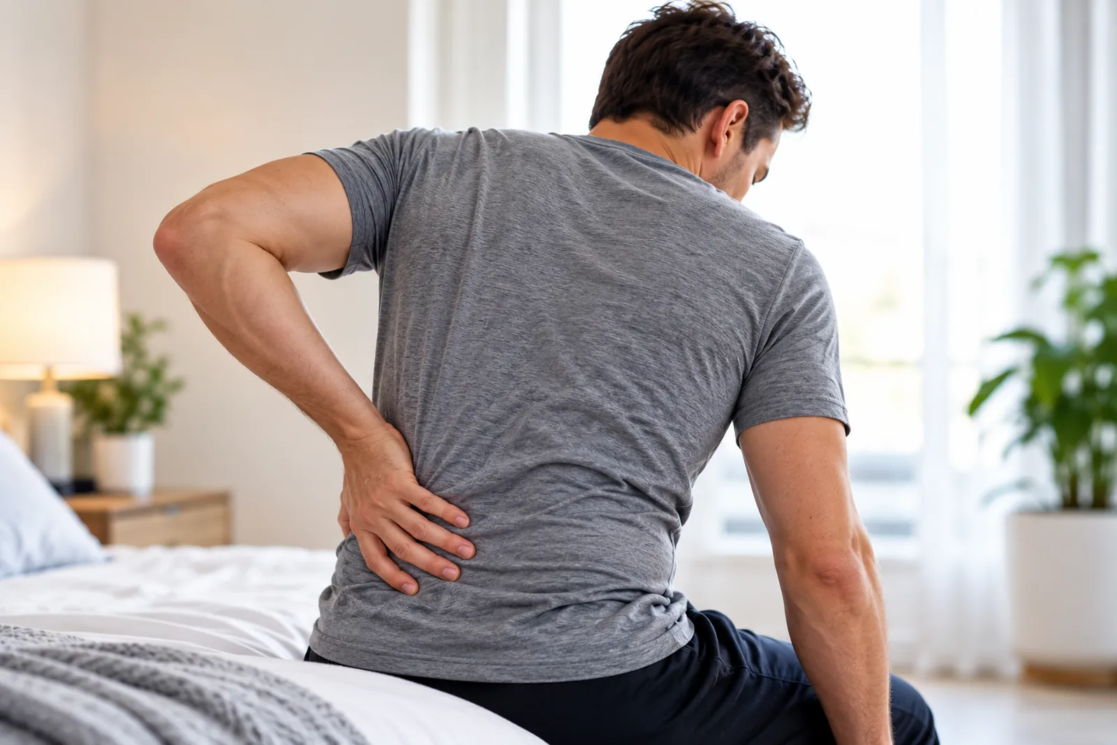 Man sitting on the edge of his bed holding his lower back