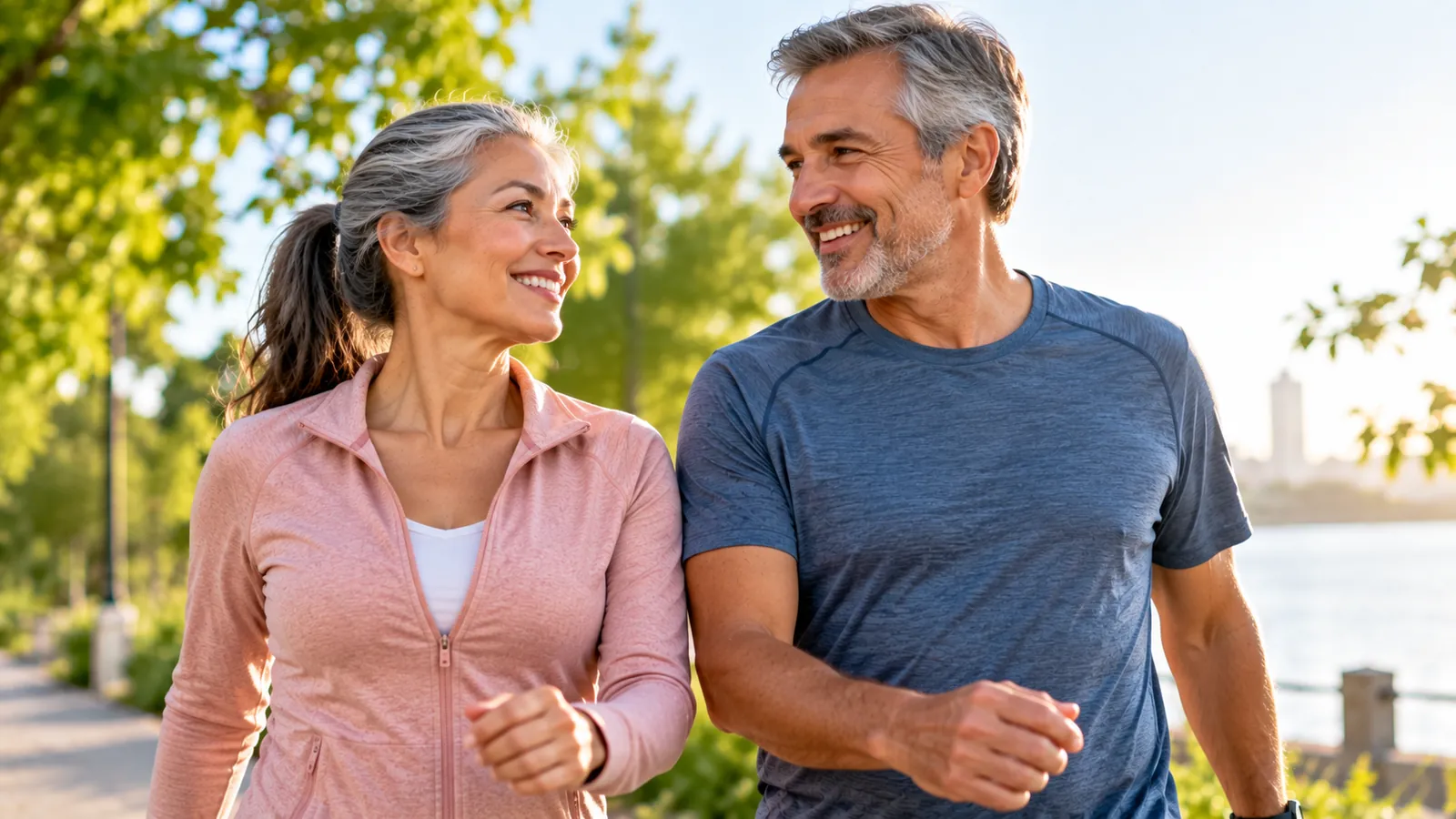 Older couple walking together outdoors