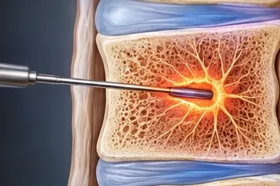 Illustration of a probe ablating the basivertebral nerve inside a vertebra
