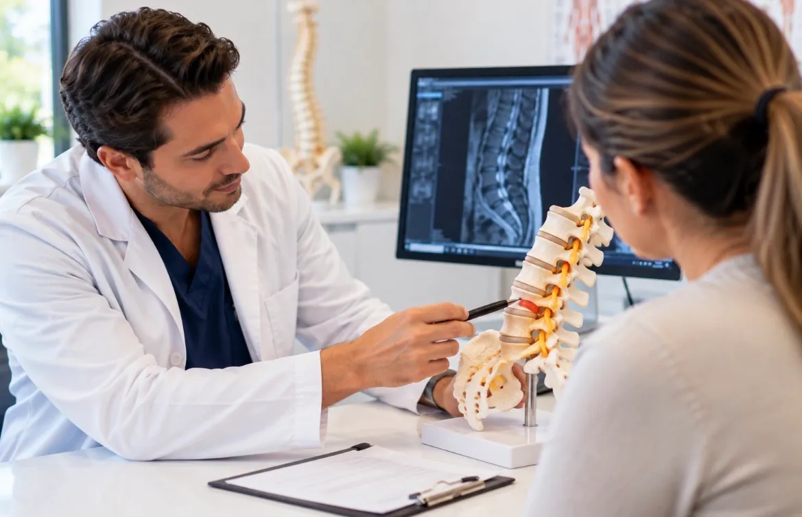 Doctor explaining a spine model and an X-ray to a patient