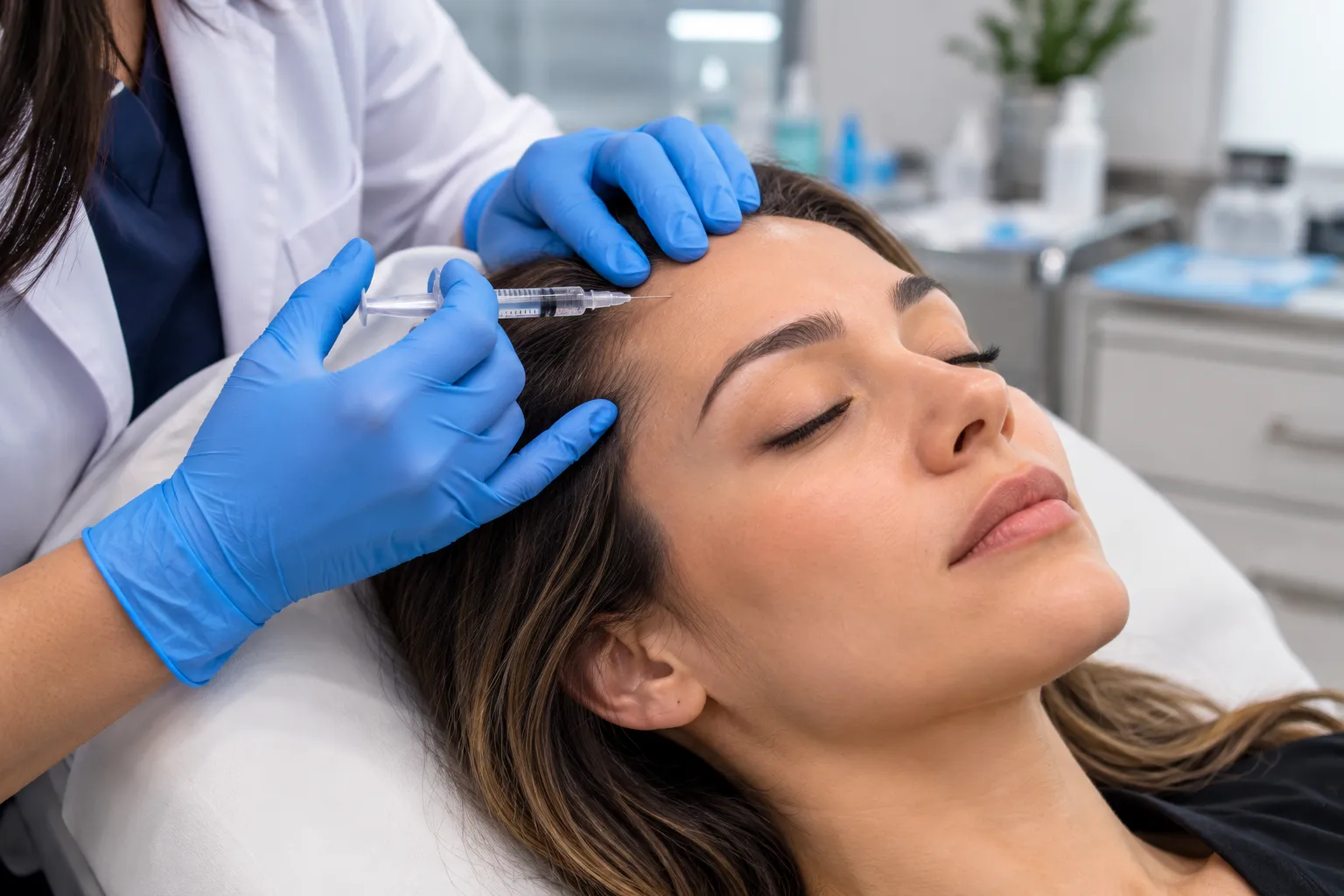 Clinician giving a forehead injection for chronic migraine