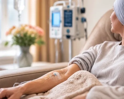 Patient in a head scarf resting during an infusion