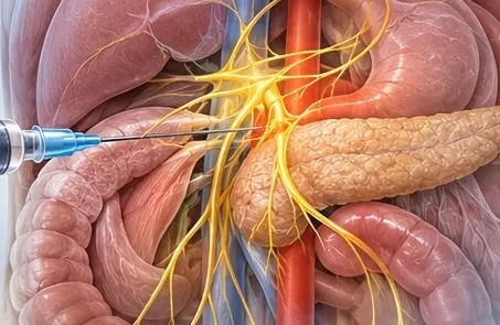 Illustration of a needle at the celiac plexus among the abdominal organs
