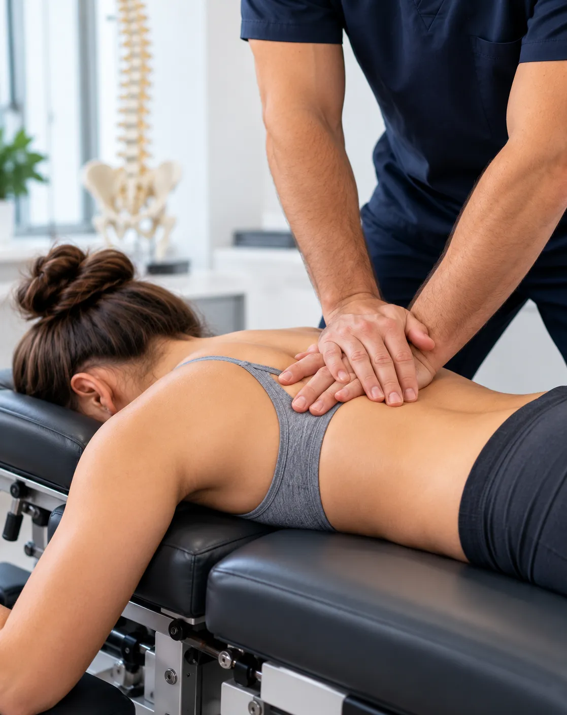 Chiropractor adjusting a patient's lower back on a treatment table