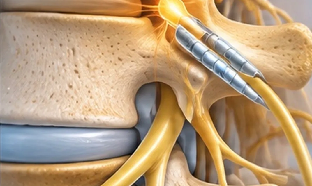 Illustration of stimulation leads at the dorsal root ganglion beside a vertebra