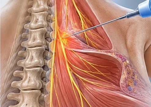 Illustration of a needle in the erector spinae plane beside the spine