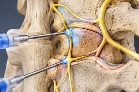 Illustration of needles at the facet joints and medial branch nerves of the spine