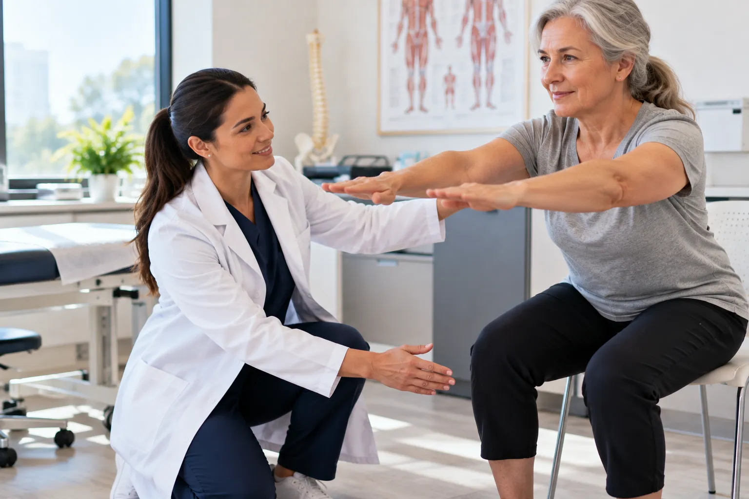 Clinician assessing a woman's balance and arm reach