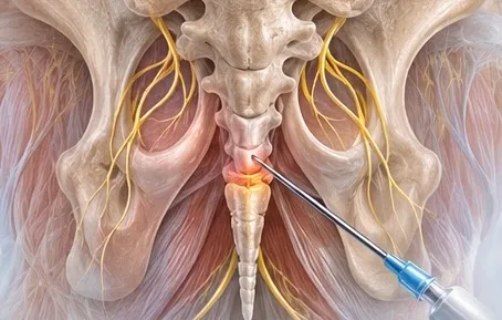 Illustration of a needle at the ganglion impar near the tailbone