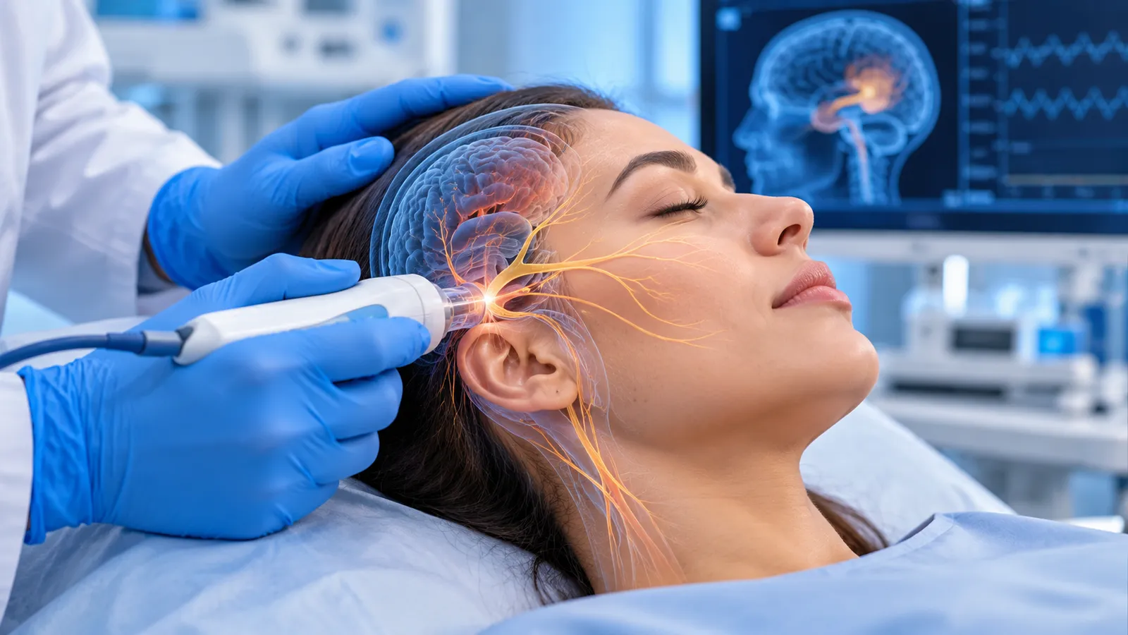 Neuromodulation device held to the side of a patient's head, nerves highlighted