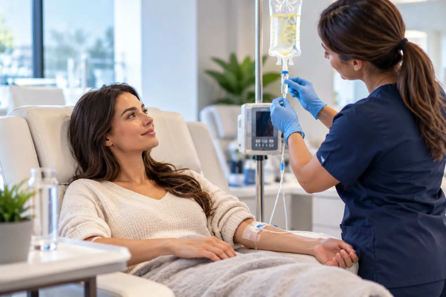 Nurse adjusting an IV drip for a patient resting in an infusion chair