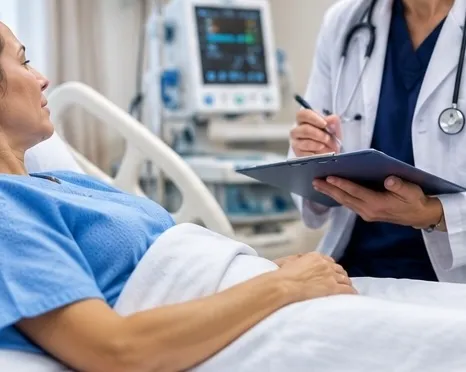 Doctor consulting with a patient in a hospital bed