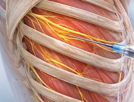 Illustration of a needle at an intercostal nerve between the ribs