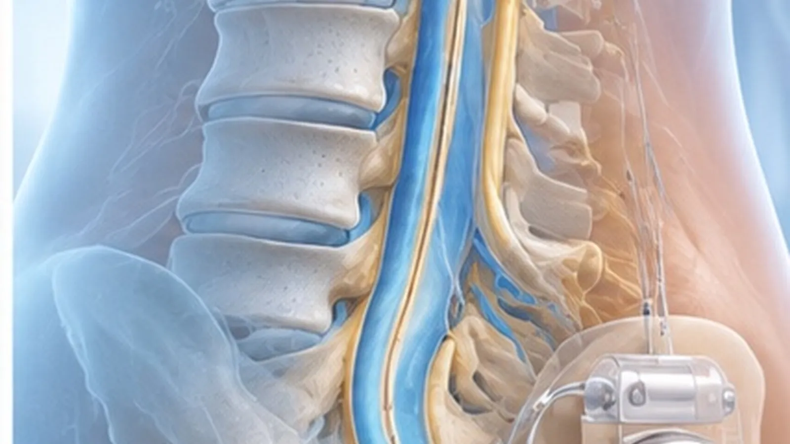 Illustration of an intrathecal catheter in the spine connected to an implanted pump