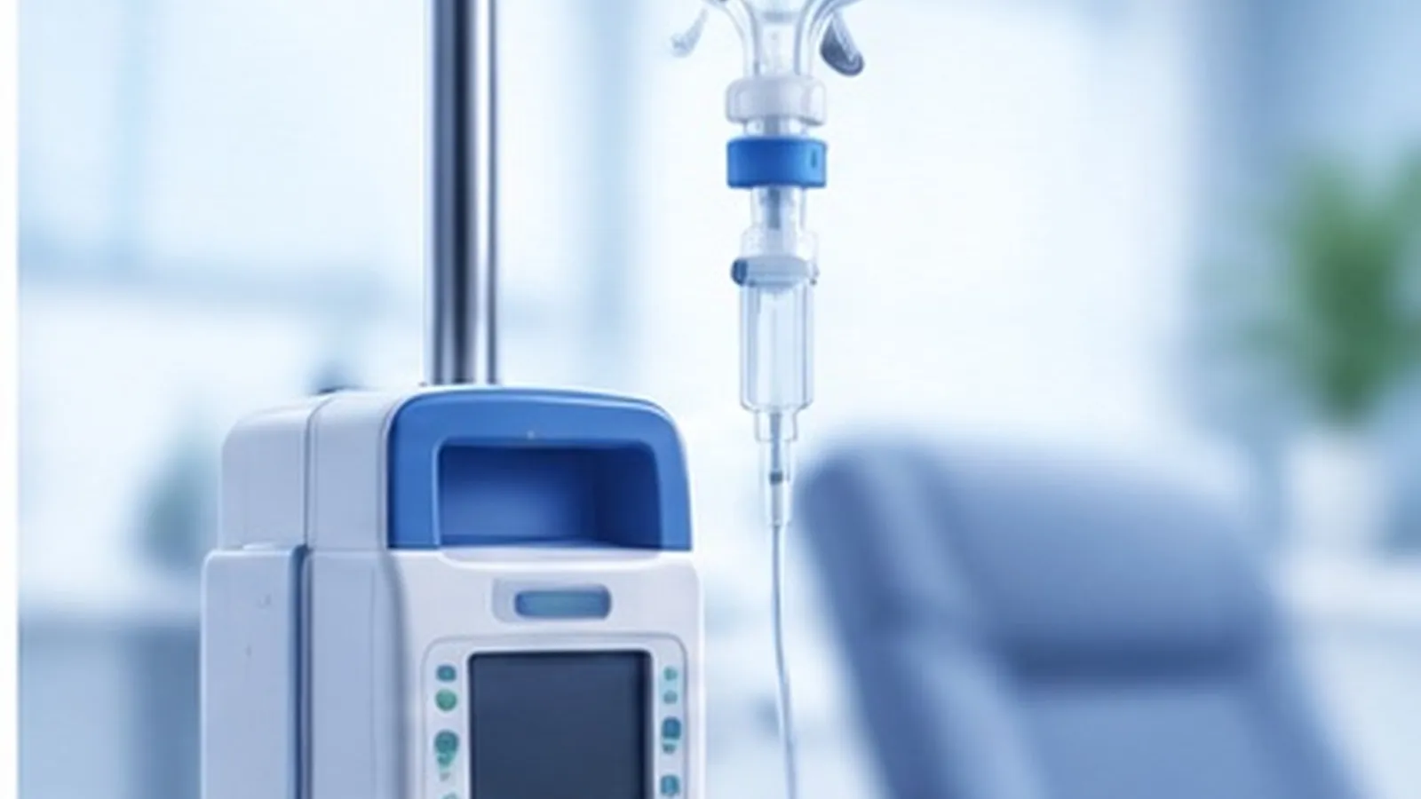 Infusion pump and IV line in a treatment room