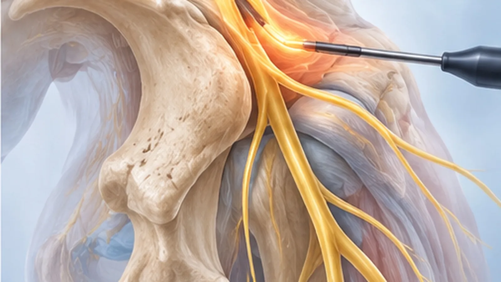 Illustration of a radiofrequency probe at the sensory nerves of the knee