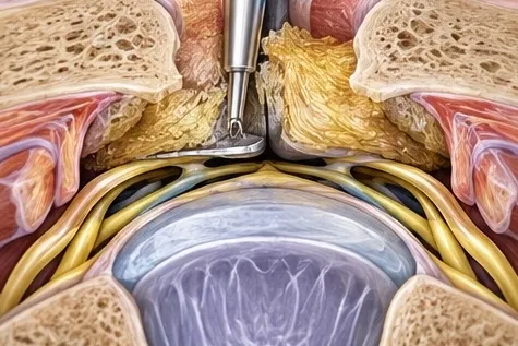 Illustration of a small instrument removing thickened ligament in the lumbar spine