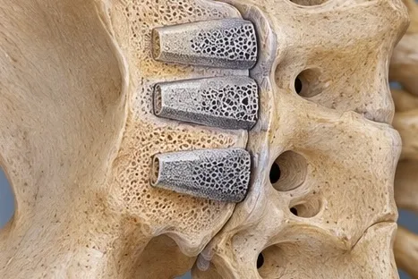 Illustration of implants placed across the sacroiliac joint