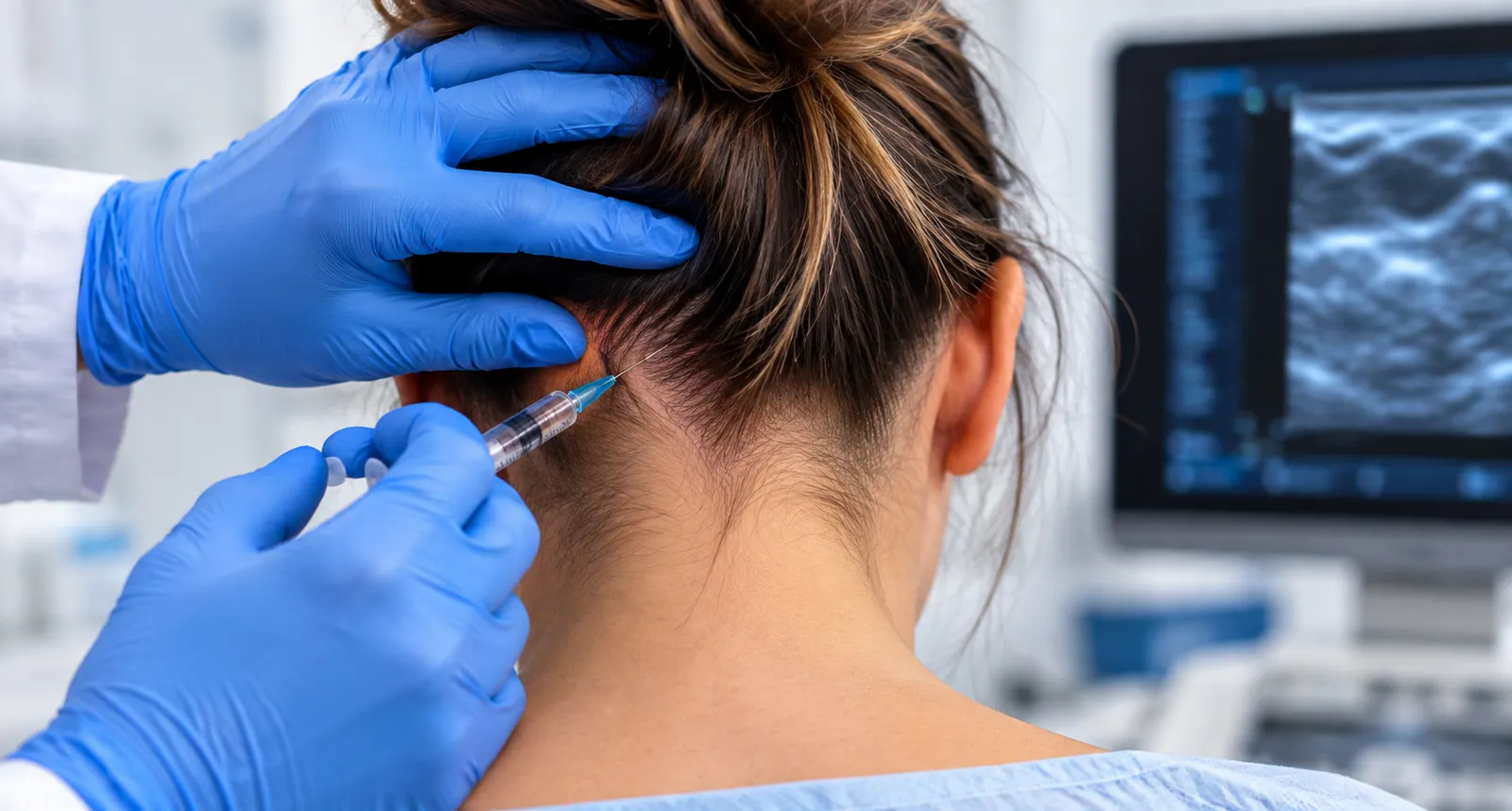 Injection at the back of a patient's head for an occipital nerve block