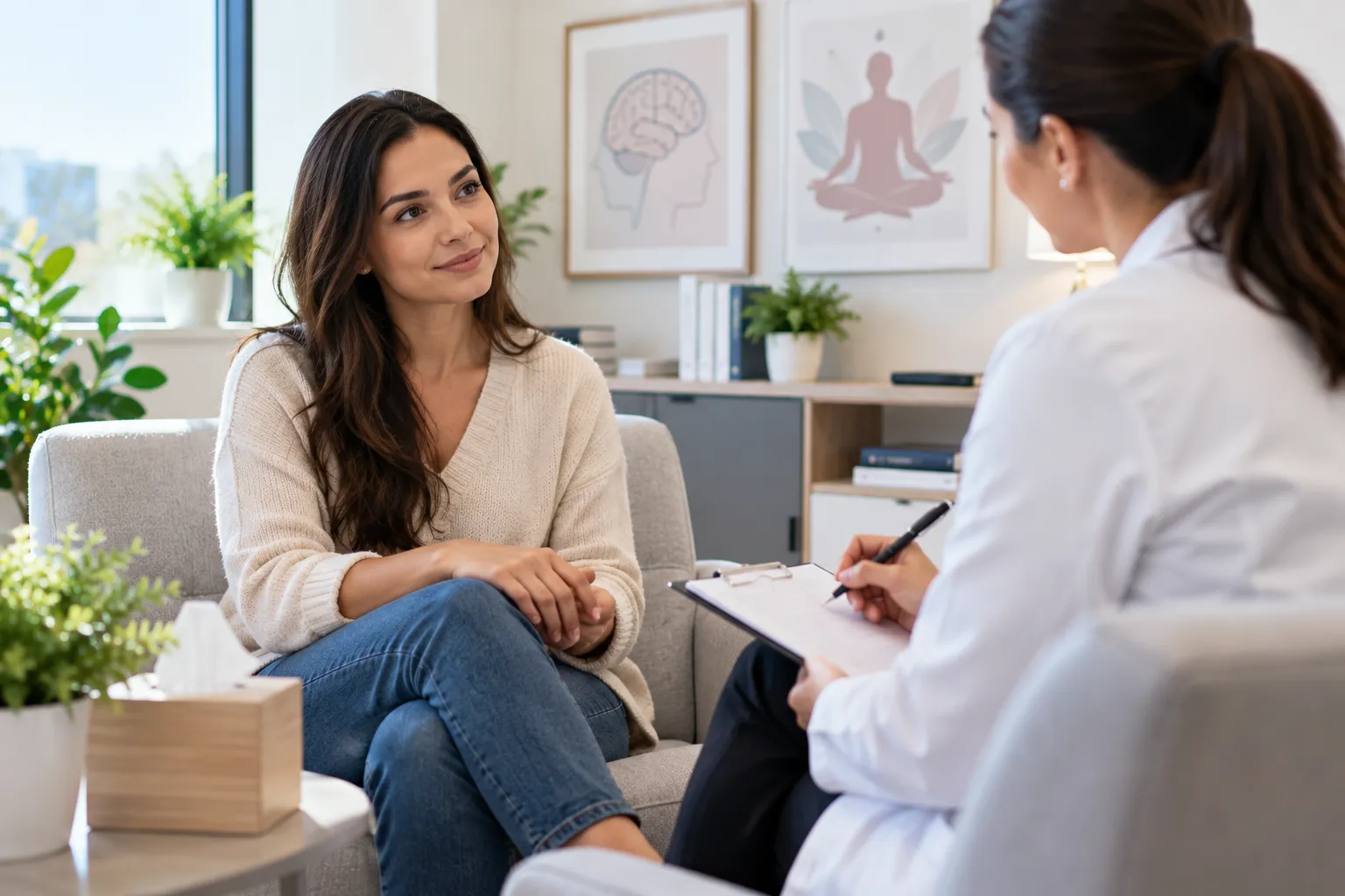 Patient in conversation with a clinician taking notes