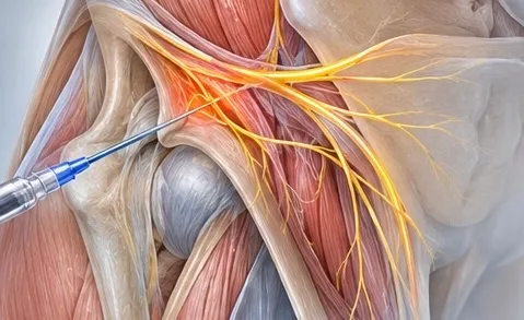 Illustration of a needle at the nerves of the groin