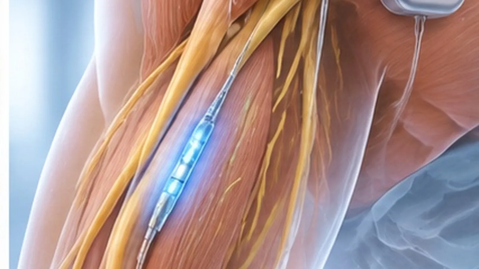 Illustration of a stimulation lead along a peripheral nerve in the arm