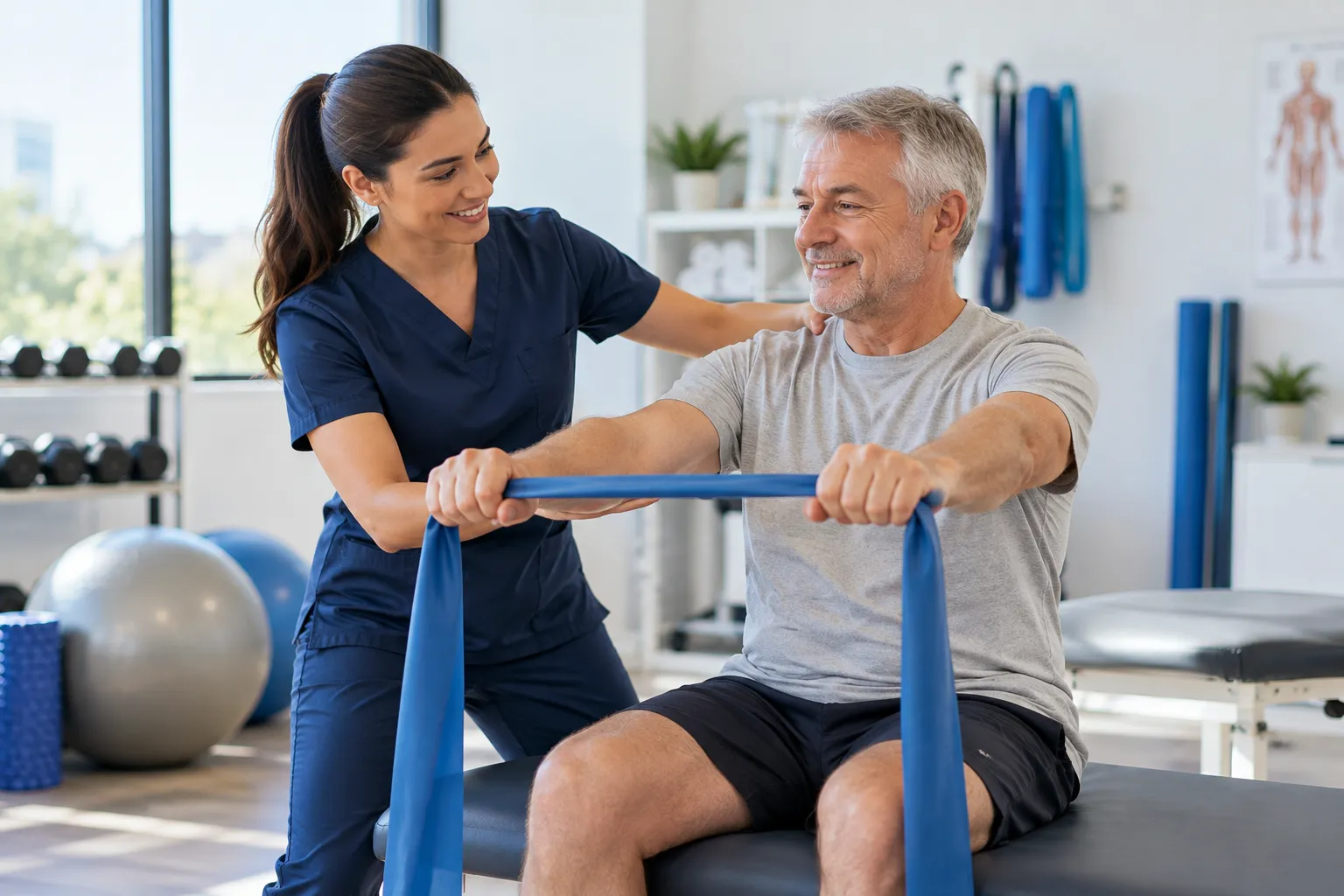 Physical therapist guiding a man through a resistance-band exercise