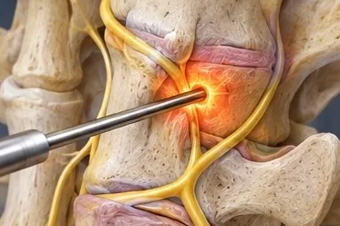 Illustration of a radiofrequency probe heating a spinal nerve