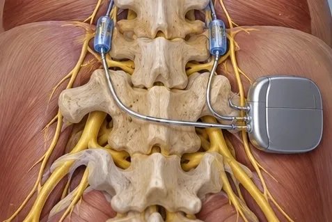 Illustration of ReActiv8 stimulation leads along the lower spine connected to an implanted generator