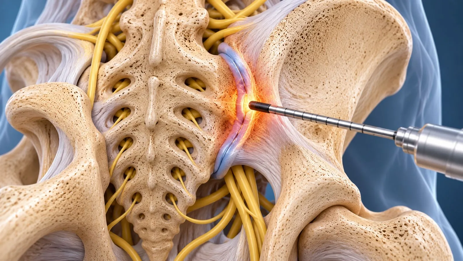 Illustration of a radiofrequency probe at the sacroiliac joint