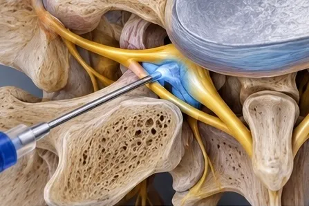 Illustration of a needle at a single spinal nerve root as it exits the spine
