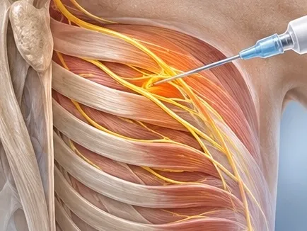 Illustration of a needle in the serratus anterior plane over the ribs