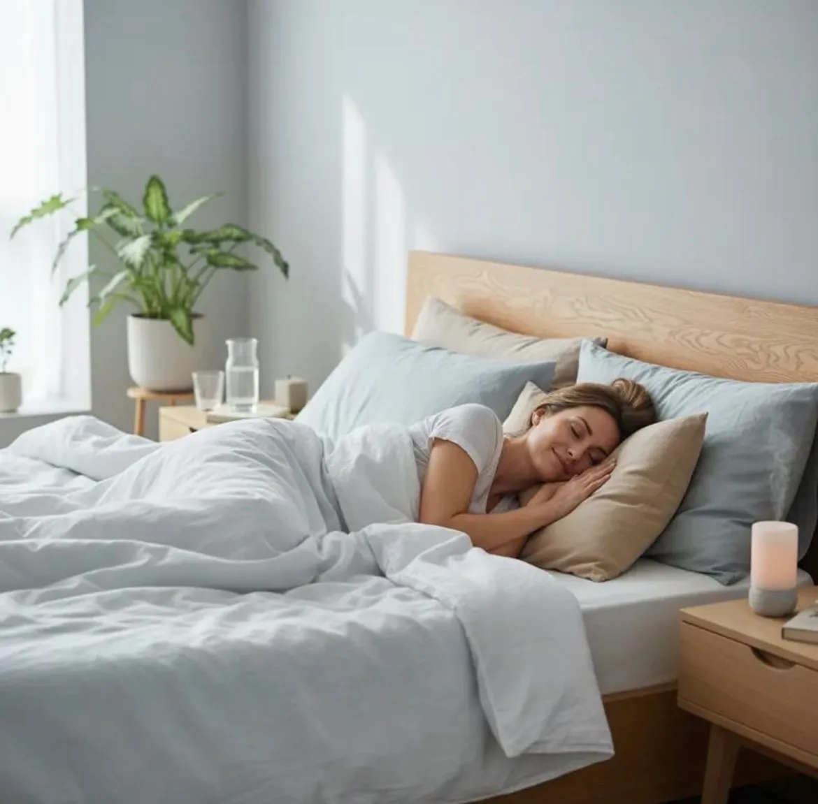 Woman sleeping peacefully in a bright bedroom