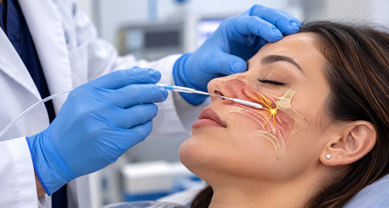 Sphenopalatine ganglion block through the nose, nerves highlighted