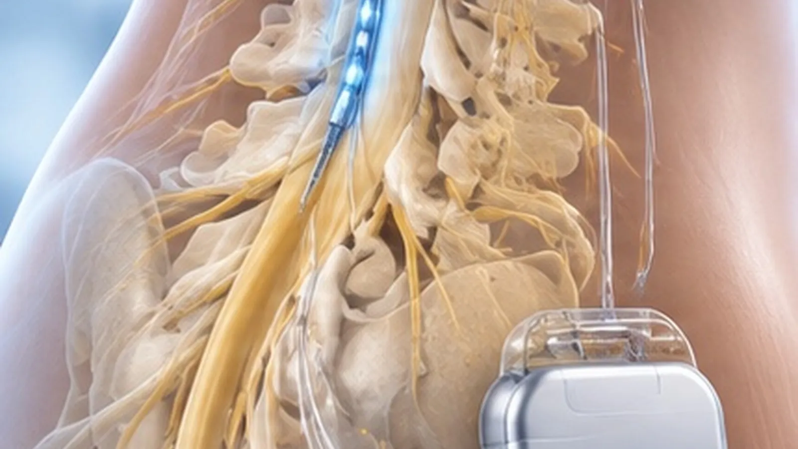 Illustration of a spinal cord stimulator lead along the spine with its implanted generator