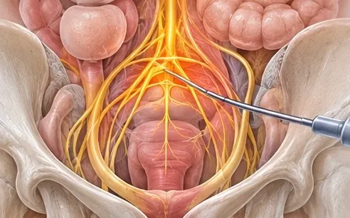 Illustration of a needle at the superior hypogastric plexus in the pelvis