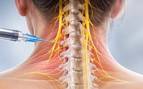 Illustration of a needle at the sympathetic nerves beside the neck vertebrae