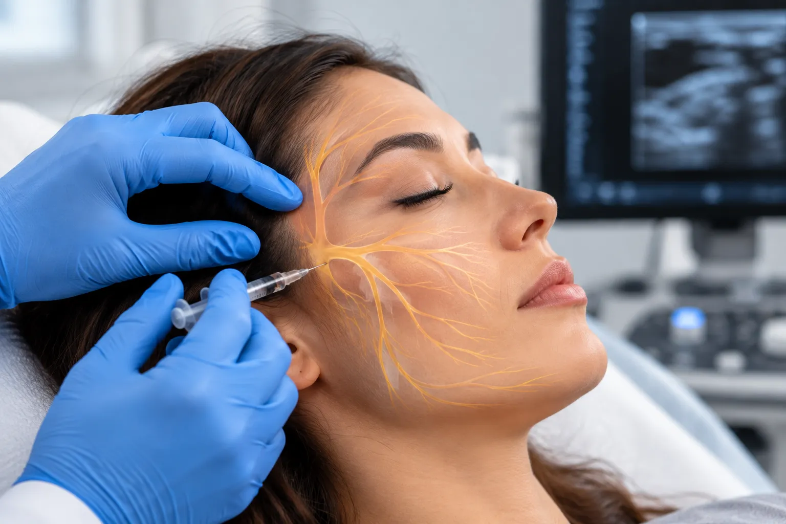Injection beside the face with the trigeminal nerve branches highlighted
