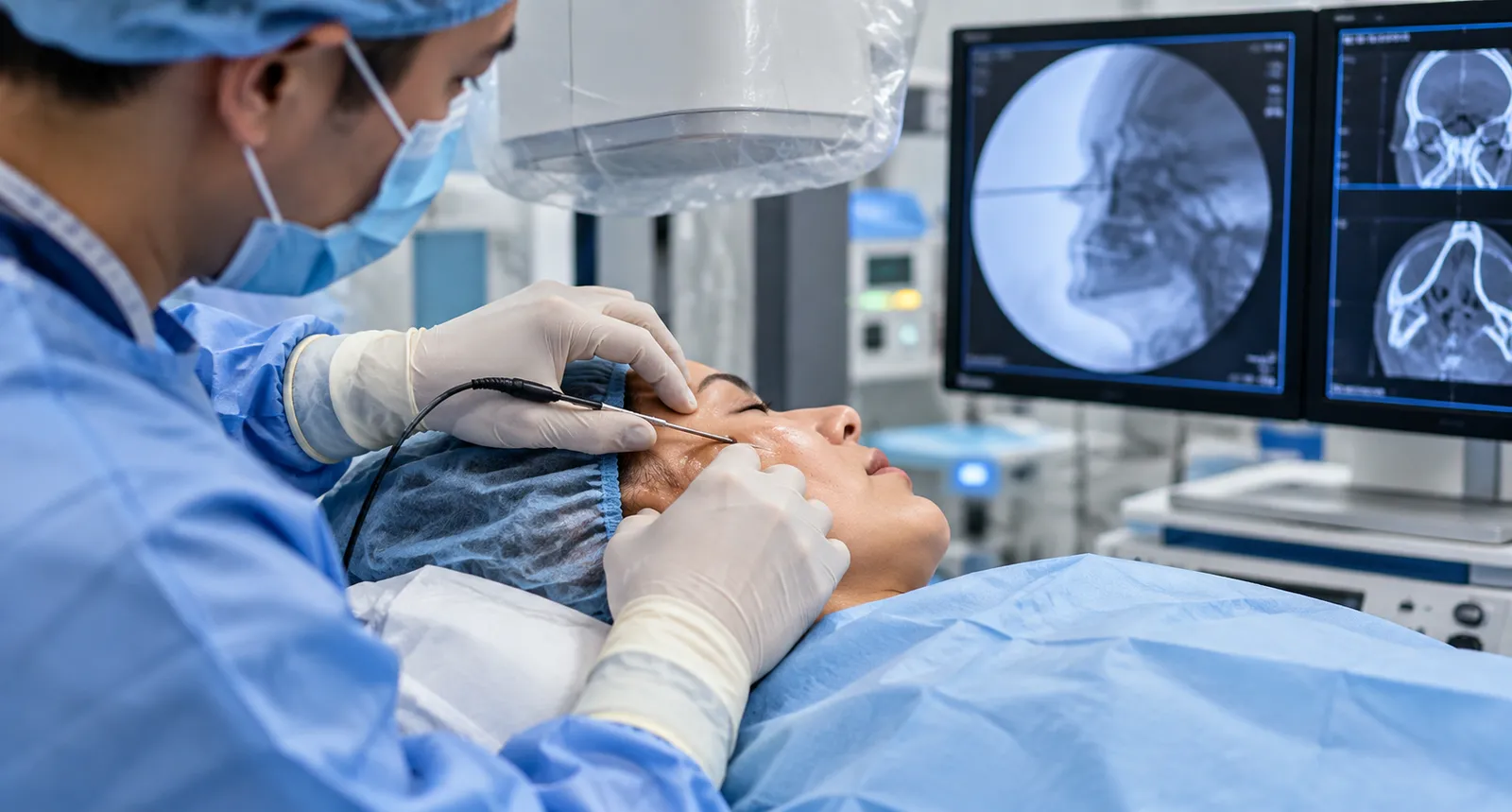 Image-guided trigeminal procedure, X-ray views on the monitors