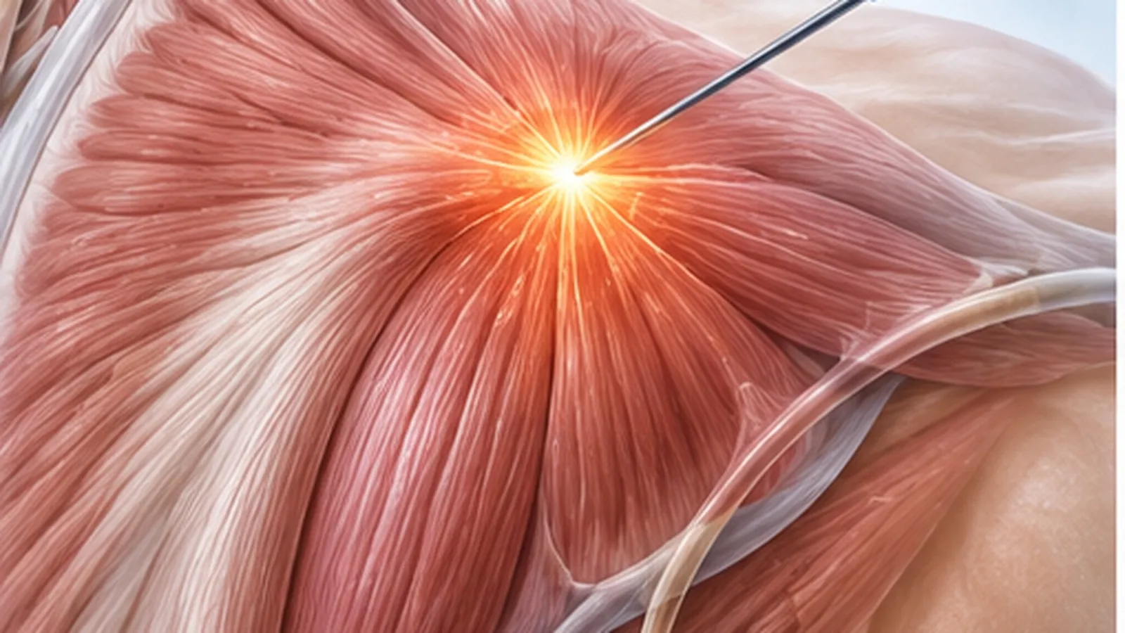 Illustration of a needle at a trigger point in the shoulder muscle