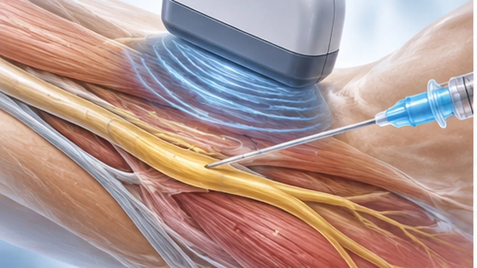 Illustration of an ultrasound probe guiding a needle to a nerve