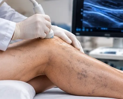 Ultrasound scan of the varicose veins on a patient's leg