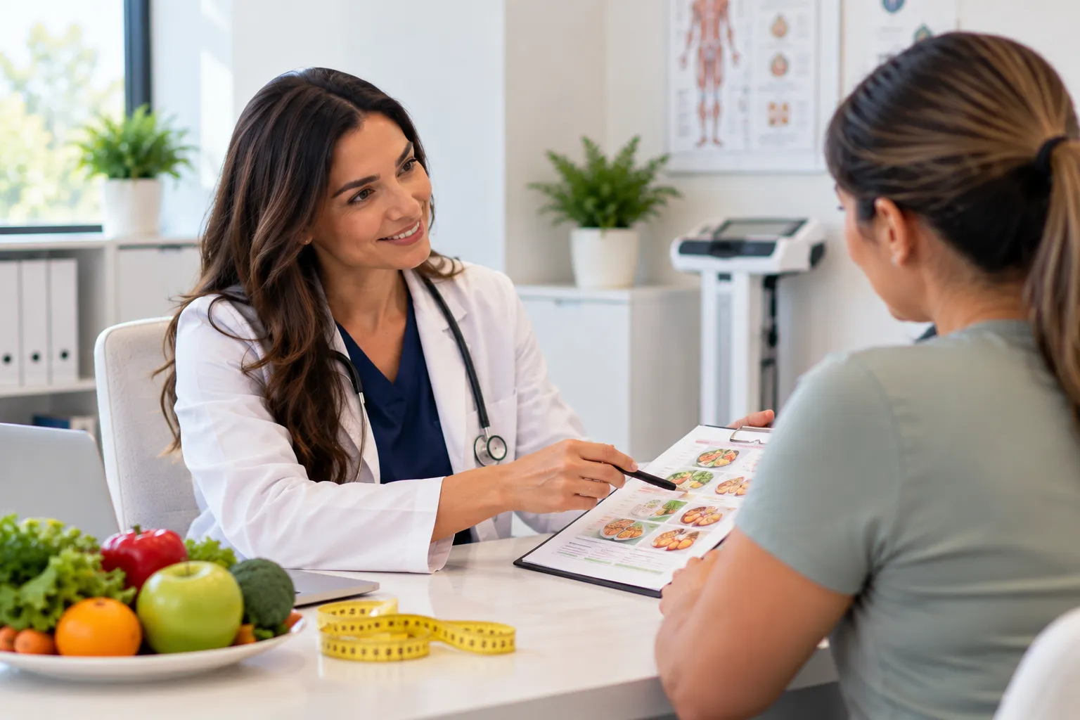 Doctor reviewing a meal plan with a patient, fruit and a tape measure on the desk